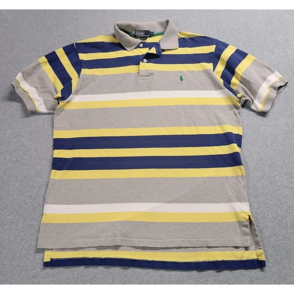 Polo Ralph Lauren Mens Large Striped Polo Shirt Blue Yellow Grey Made in USA L